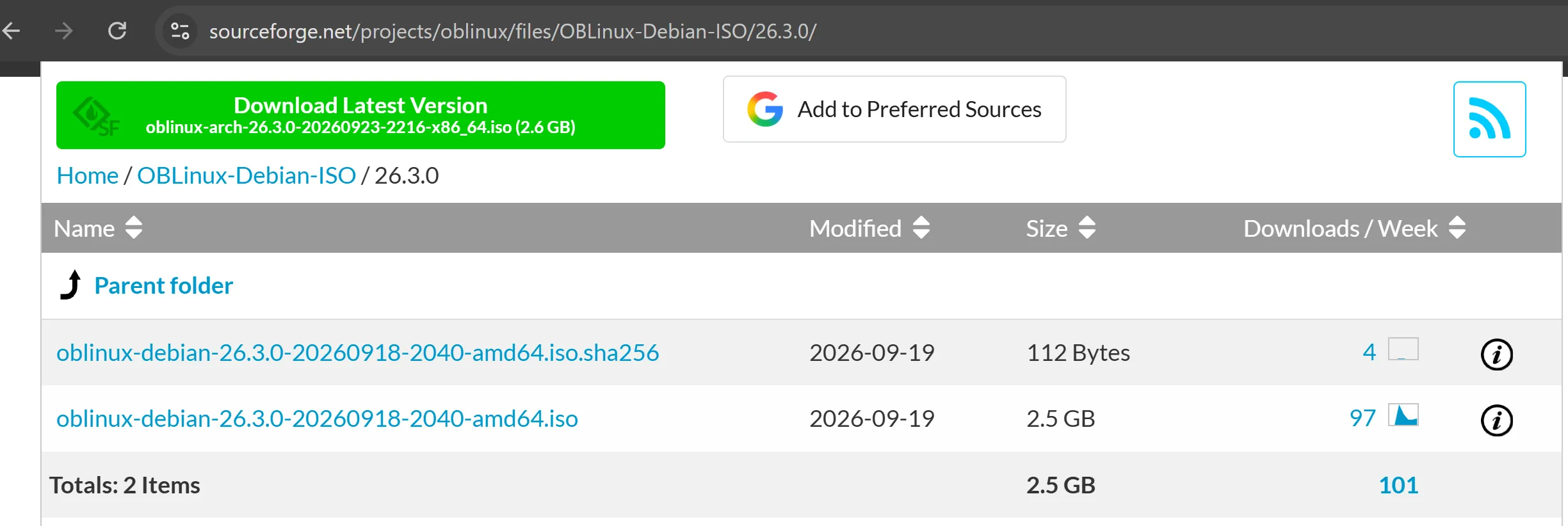 SourceForge OBLinux-Debian-ISO/26.3.0 folder listing the .iso and .sha256 files