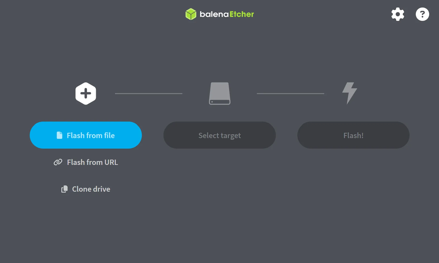 balenaEtcher main window with Flash from file, Select target and Flash! buttons