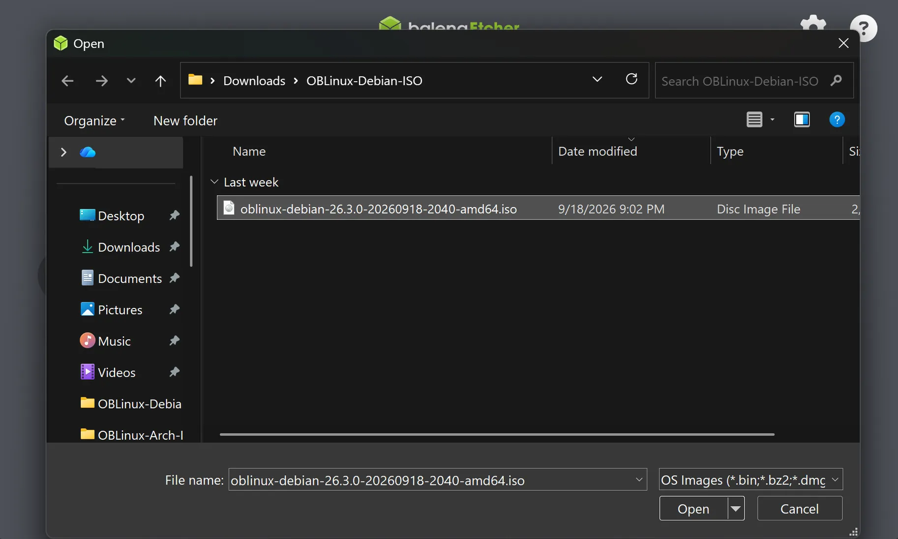 File picker with the OBLinux Debian .iso selected in Downloads
