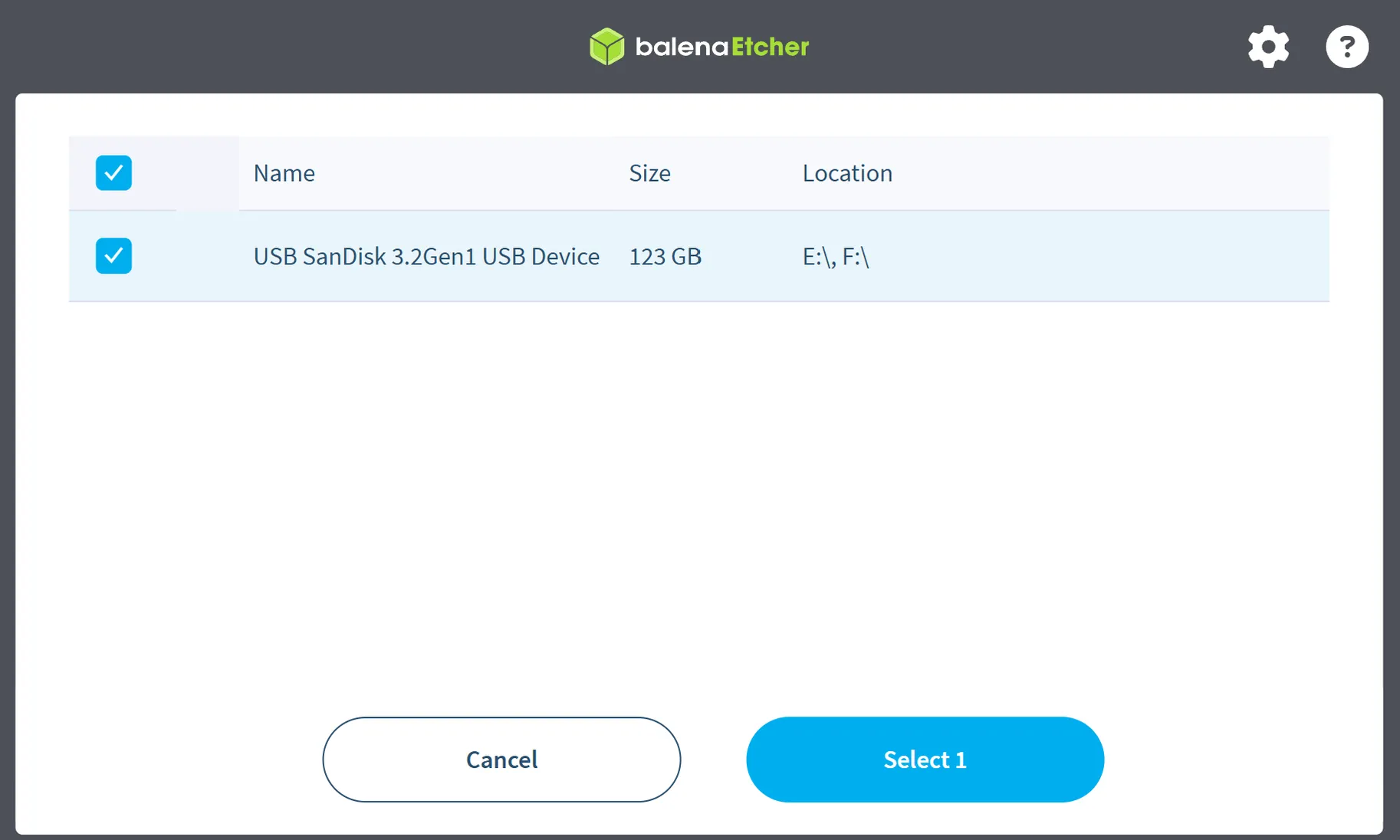 balenaEtcher target list with a USB drive checked