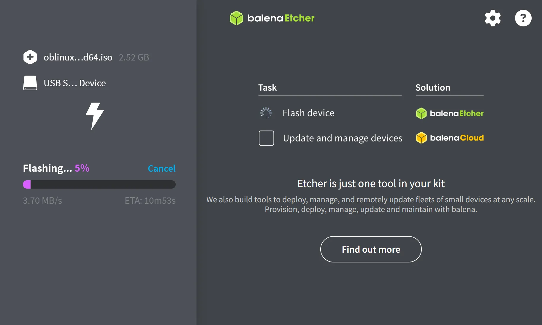 balenaEtcher flashing progress bar