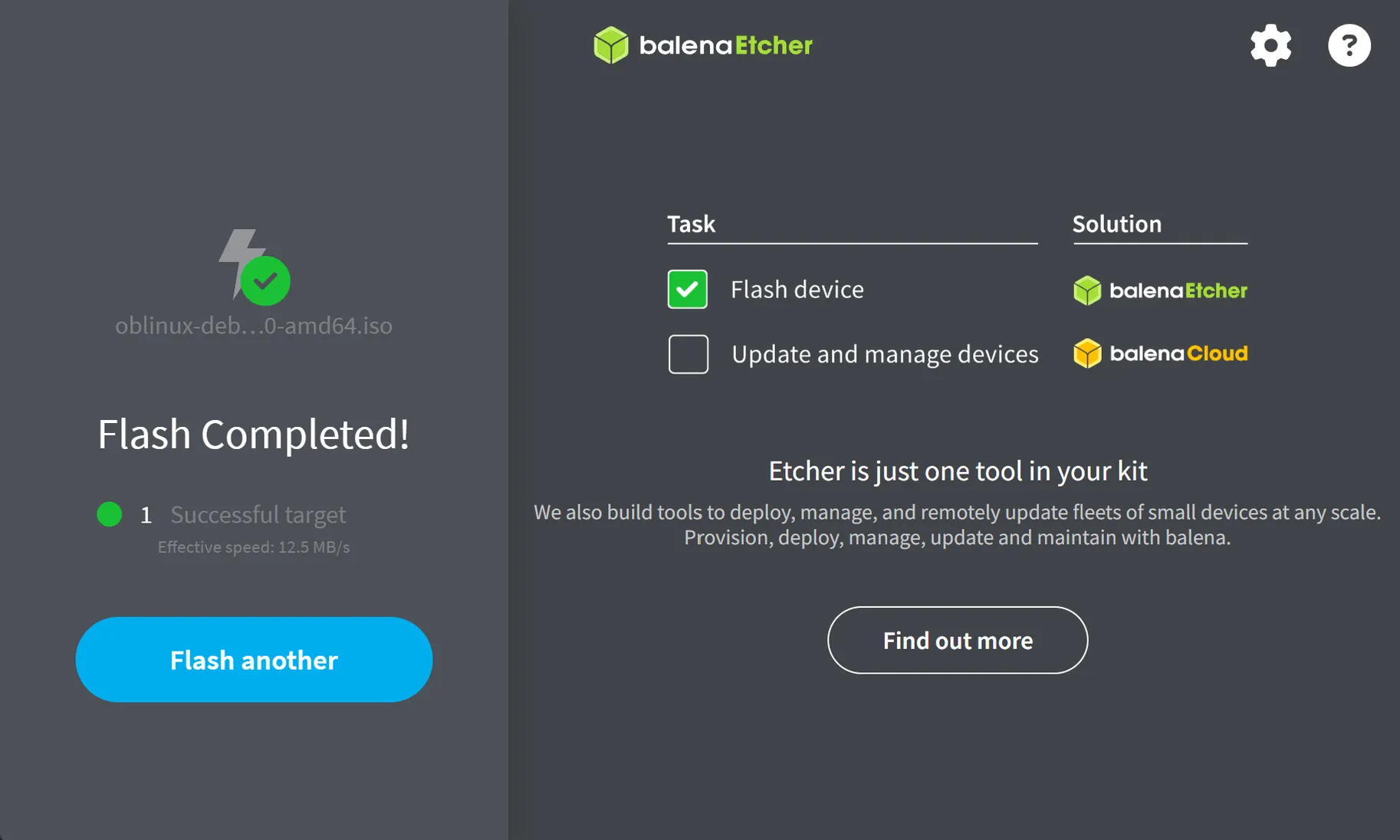 balenaEtcher Flash Completed! with 1 successful target