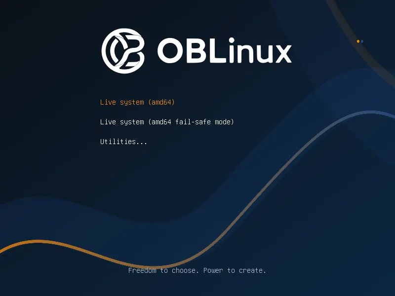 OBLinux boot menu with Live system (amd64) highlighted