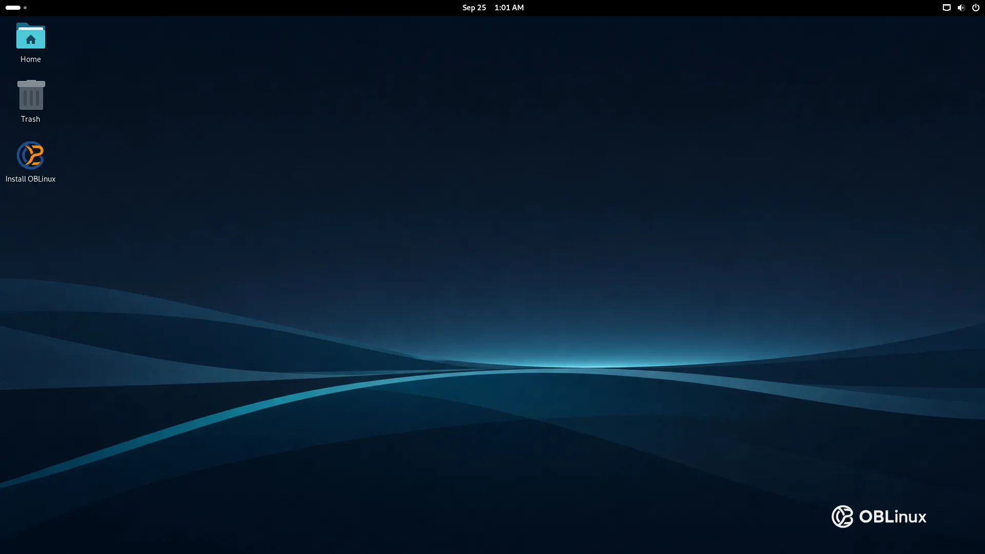 OBLinux live desktop with the Install OBLinux icon at the top left