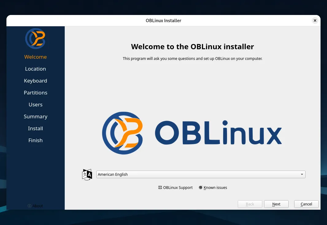 OBLinux installer Welcome page with a language menu
