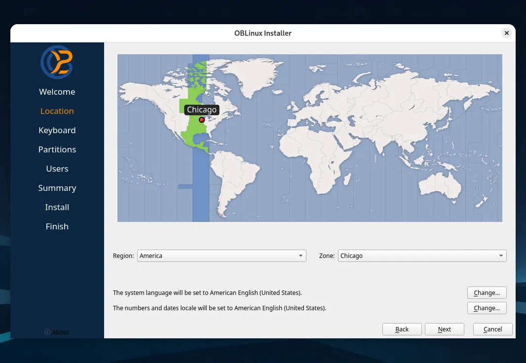 Installer Location page with a world map; America/Chicago selected