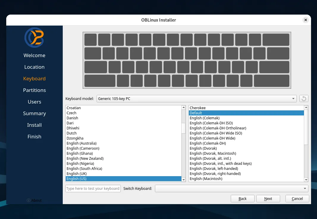 Installer Keyboard page with English (US) layout selected