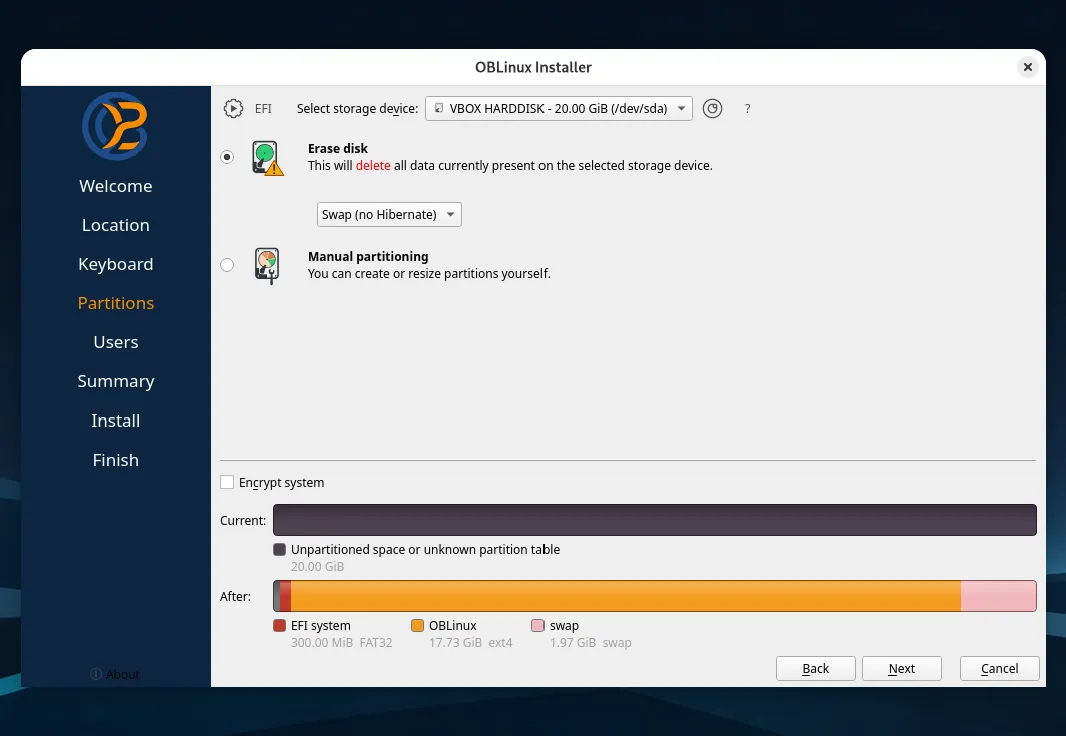 Installer Partitions page with Erase disk selected