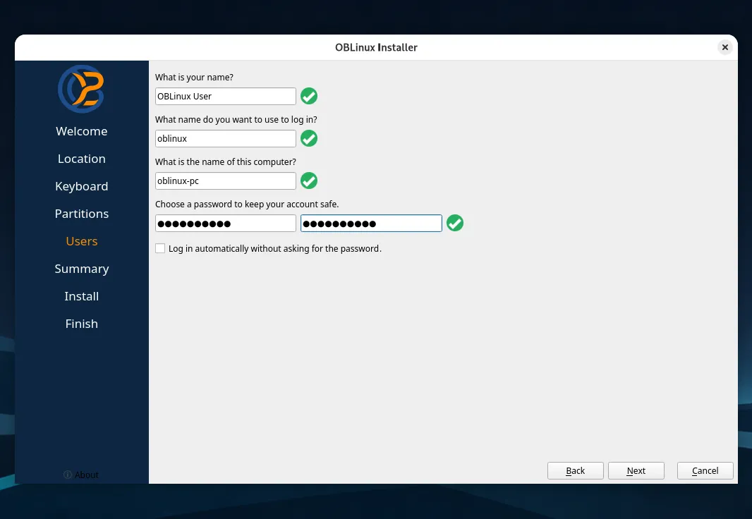 Installer Users page with name, username, computer name and password filled in
