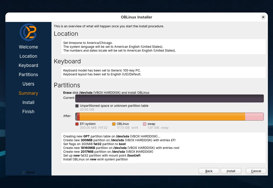 Installer Summary page listing location, keyboard and the disk to be erased