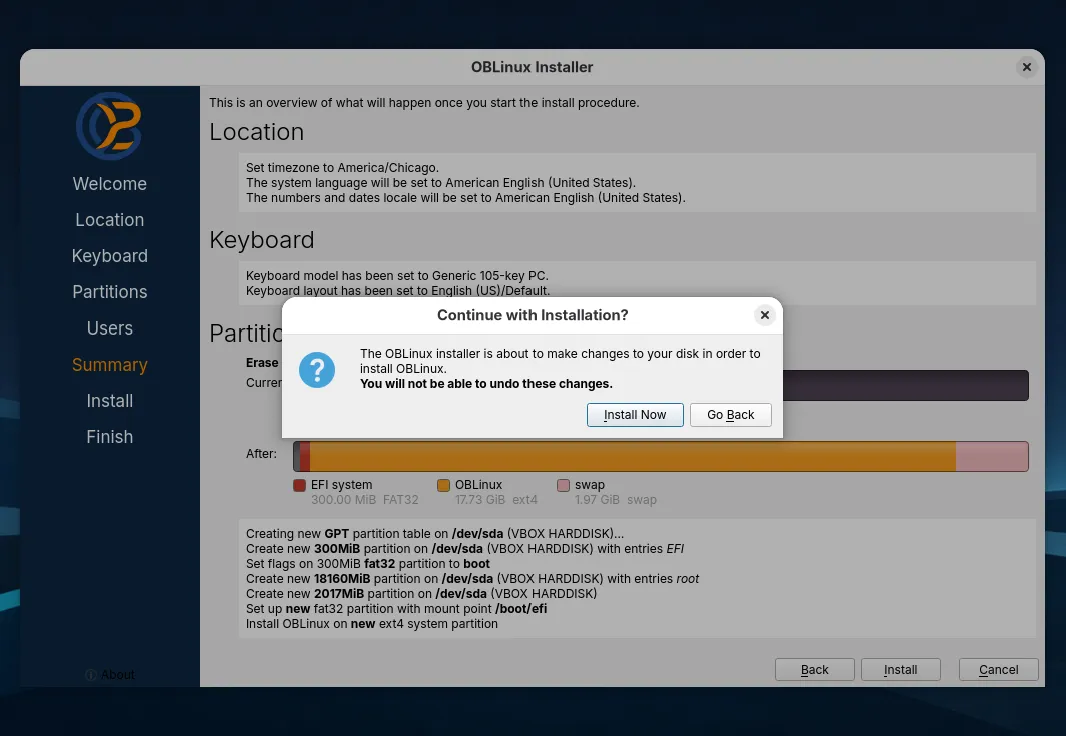 Continue with Installation? dialog with Install Now and Go Back buttons