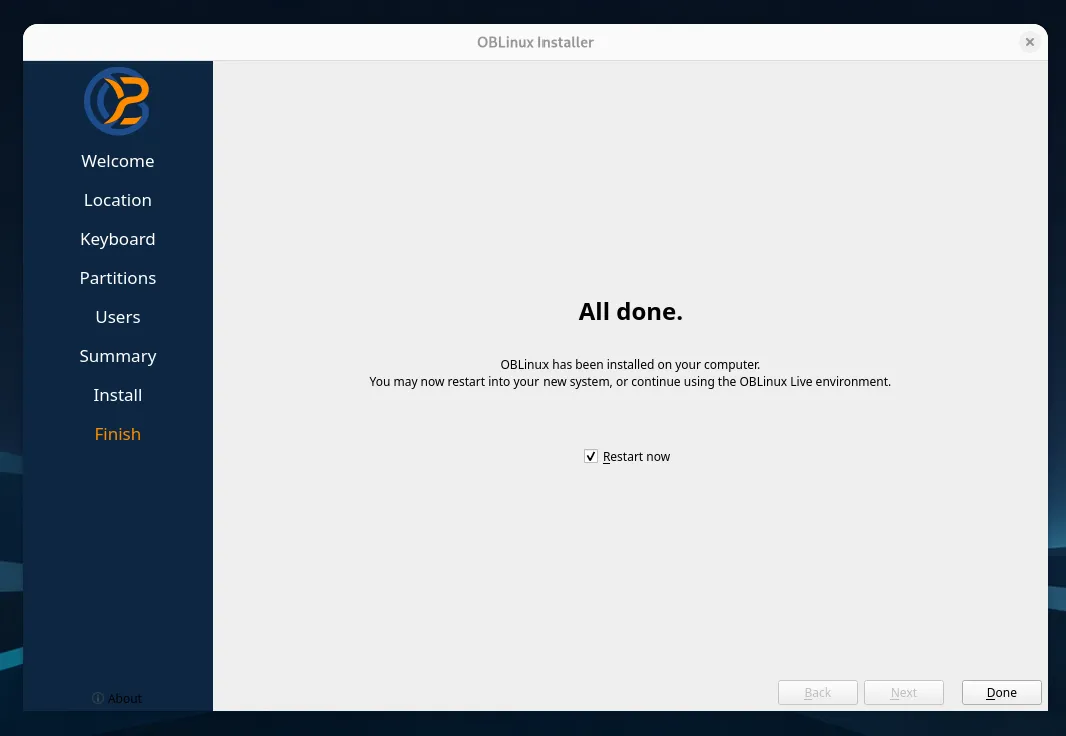Installer Finish page: All done, with Restart now checked