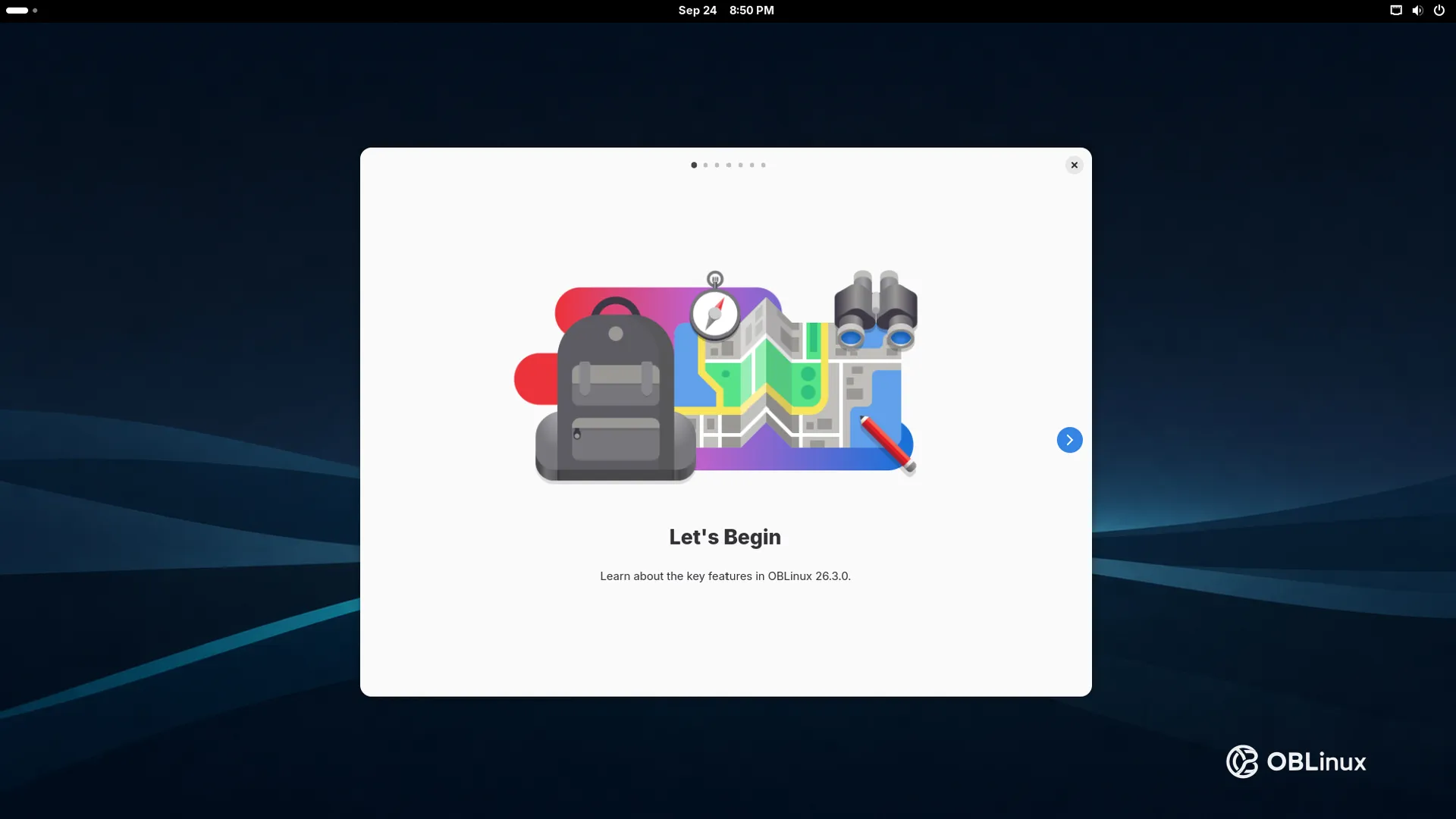 OBLinux desktop with the Let's Begin welcome tour window